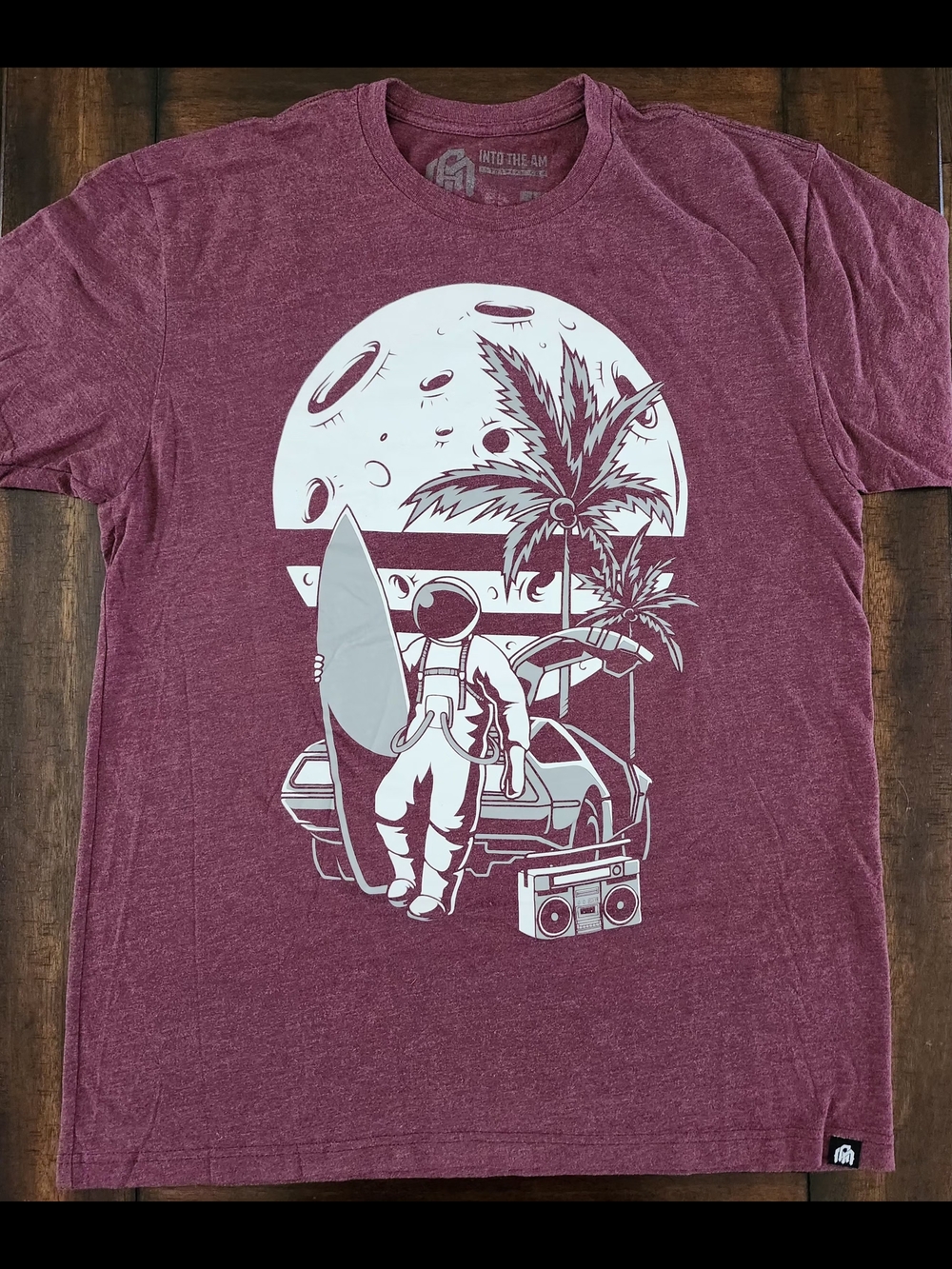 Men's Maroon Graphic Tee - Into the A.M. Surfing Astronaut Print